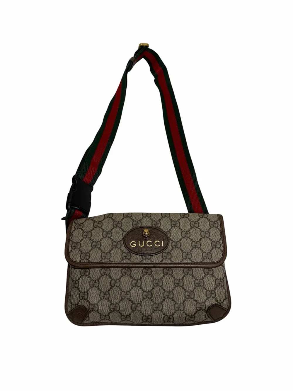 Gucci Beige/Brown GG Canvas Messenger Bag with Red and Green Web Strap